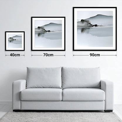 Monochrome Calm Lake Reflections - size guide showing 40cm, 70cm and 90cm art prints