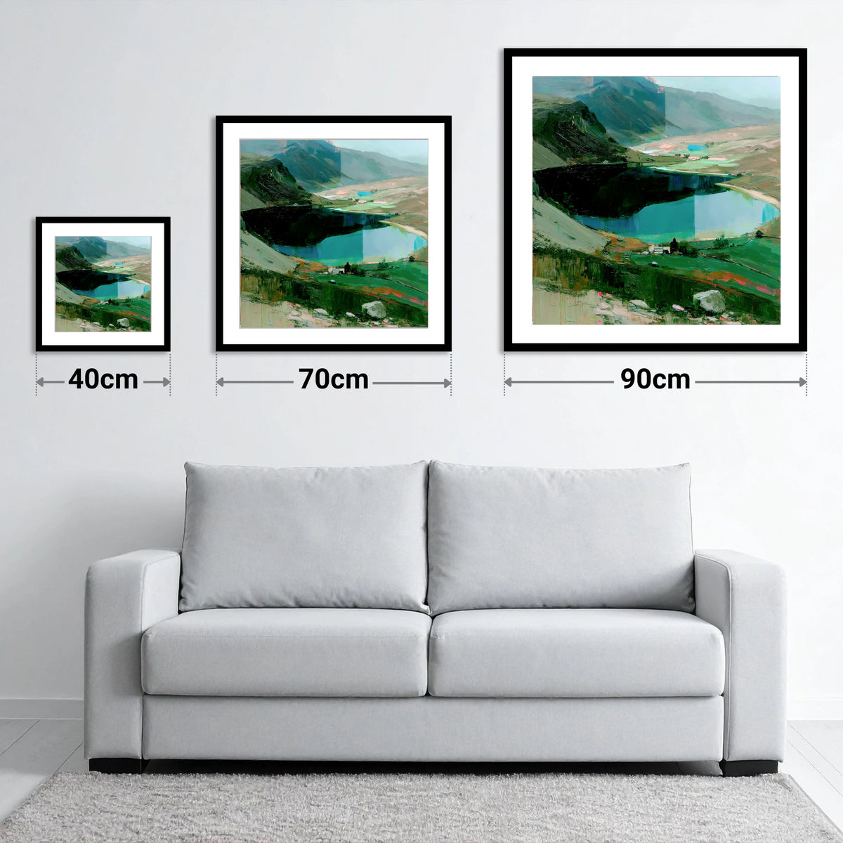 Dark Fell and Turquoise Tarn - size guide showing 40cm, 70cm and 90cm art prints