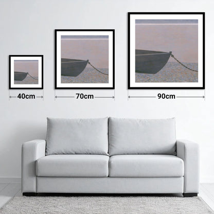 Windermere Boat on Pebble Shore - size guide showing 40cm, 70cm and 90cm art prints