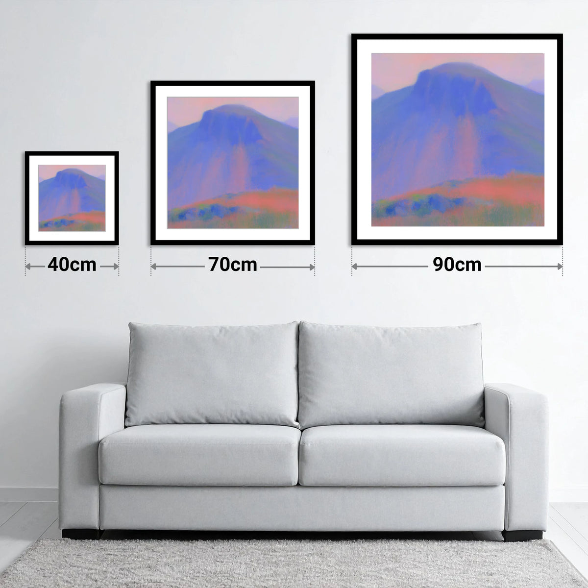 Great Gable at Twilight - size guide showing 40cm, 70cm and 90cm art prints