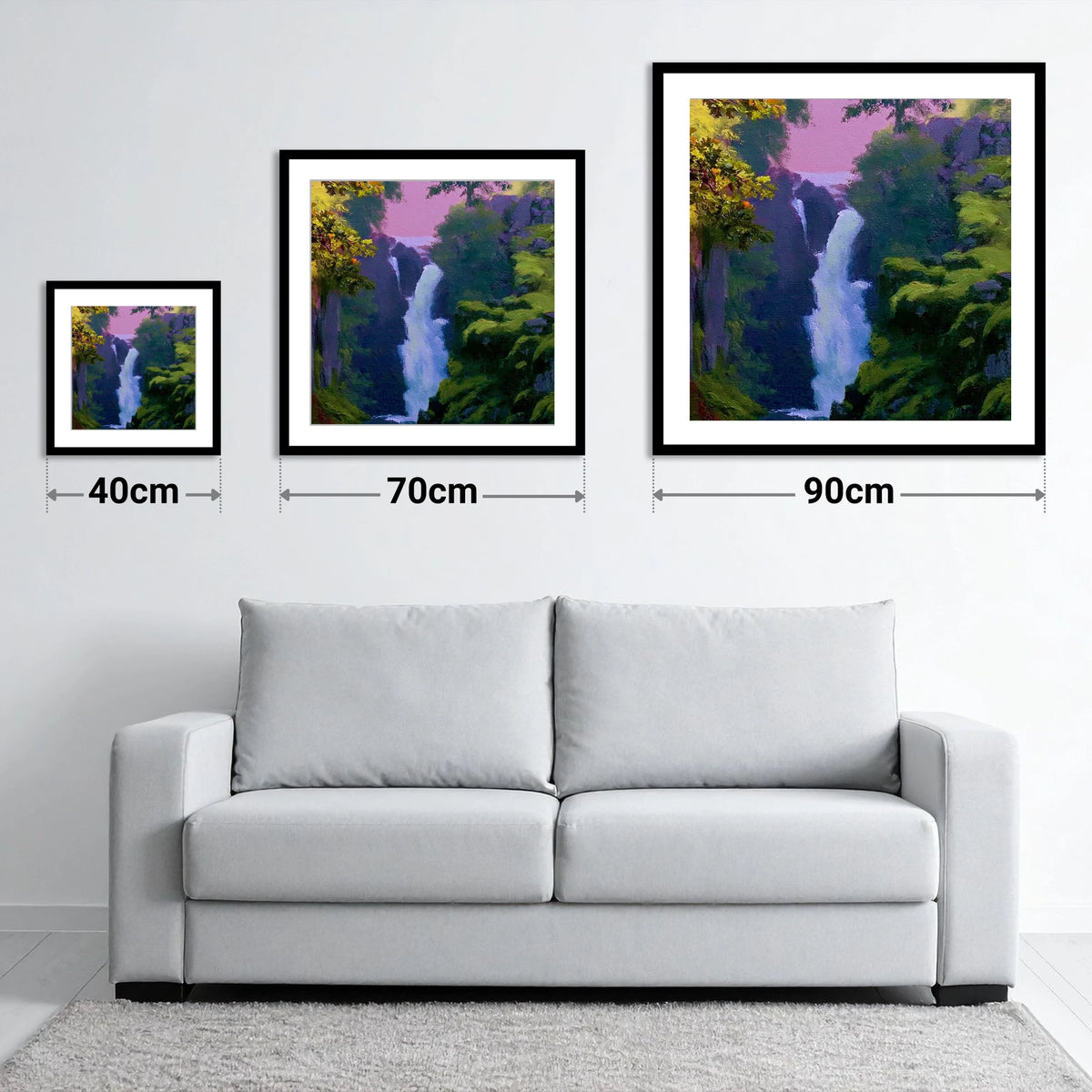 Vivid Aira Force Waterfall - size guide showing 40cm, 70cm and 90cm art prints