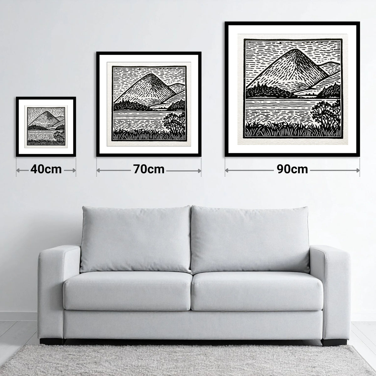 Bold Monochrome Catbells Peak - size guide showing 40cm, 70cm and 90cm art prints