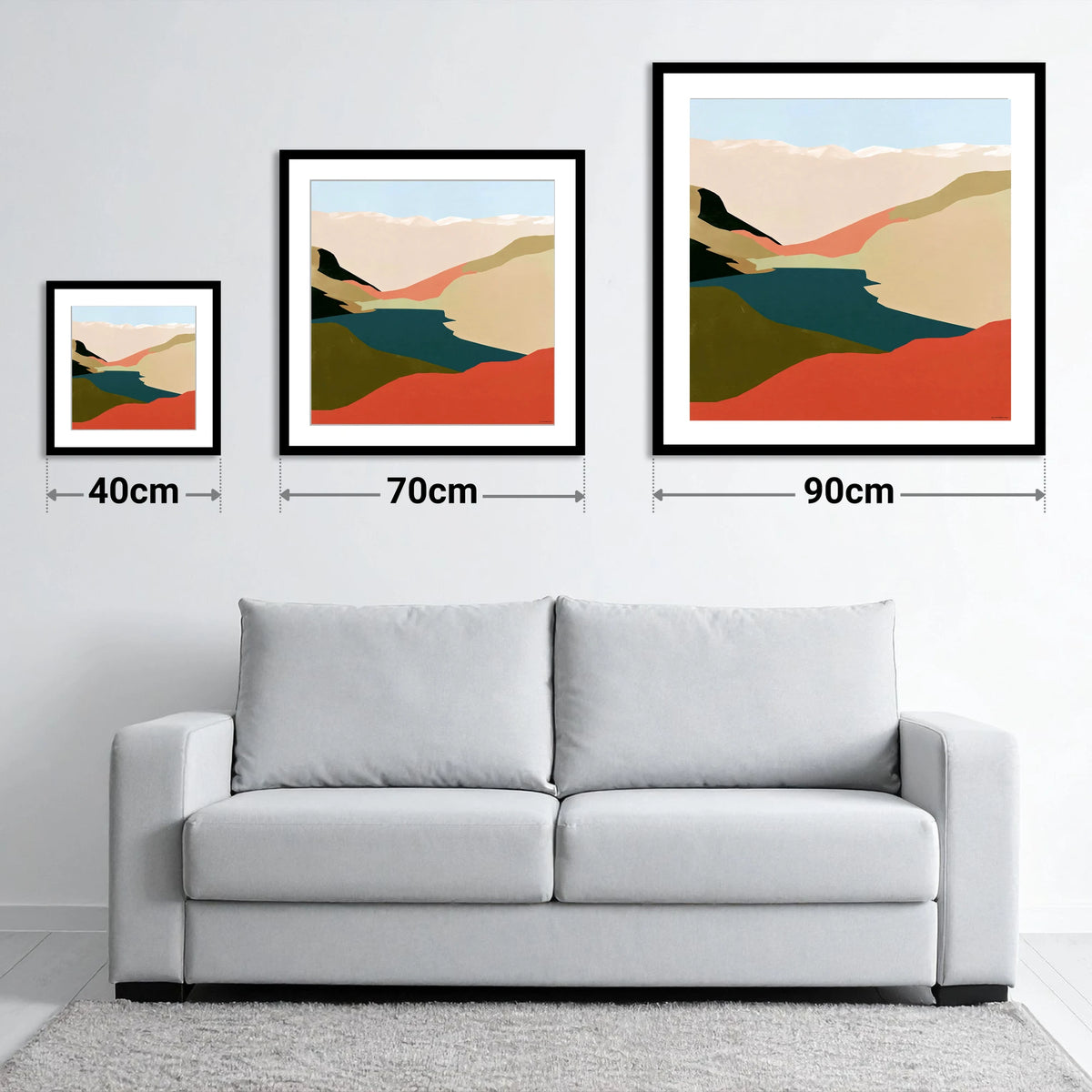 Easedale Tarn in Bold Terracotta - size guide showing 40cm, 70cm and 90cm art prints