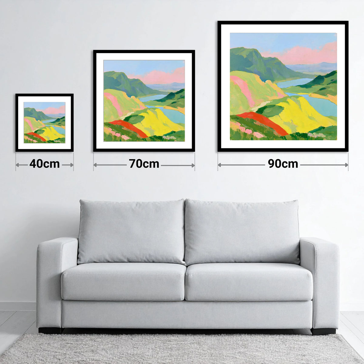 Vivid Fells from the Summit - size guide showing 40cm, 70cm and 90cm art prints