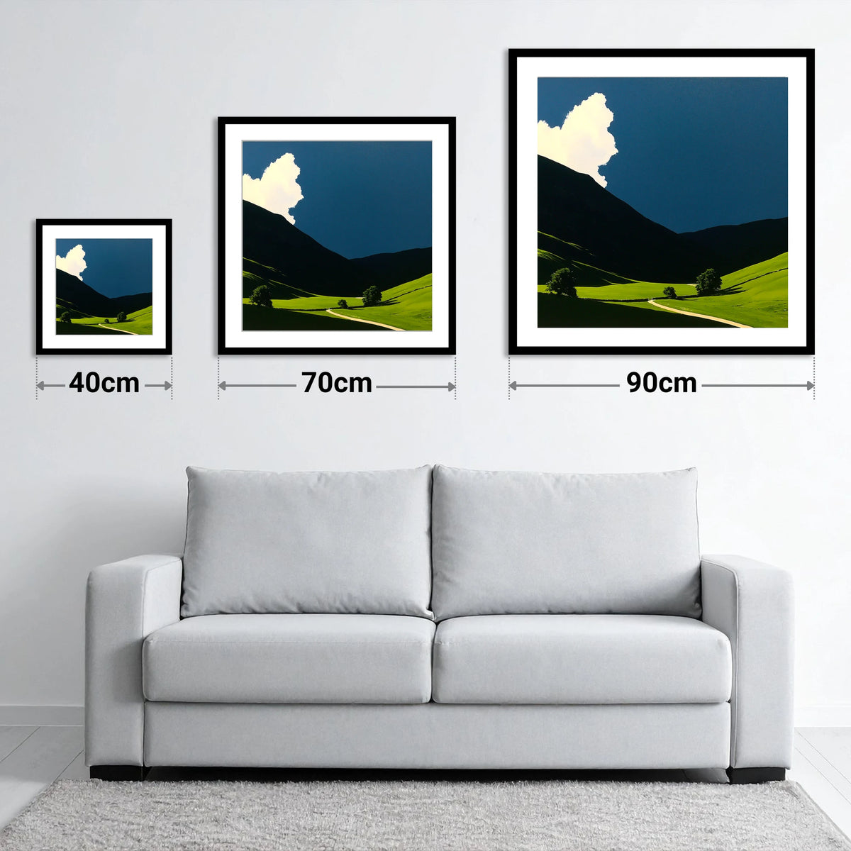Rolling Fells Under Dramatic Cloud - size guide showing 40cm, 70cm and 90cm art prints