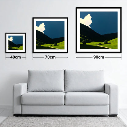 Rolling Fells Under Dramatic Cloud - size guide showing 40cm, 70cm and 90cm art prints