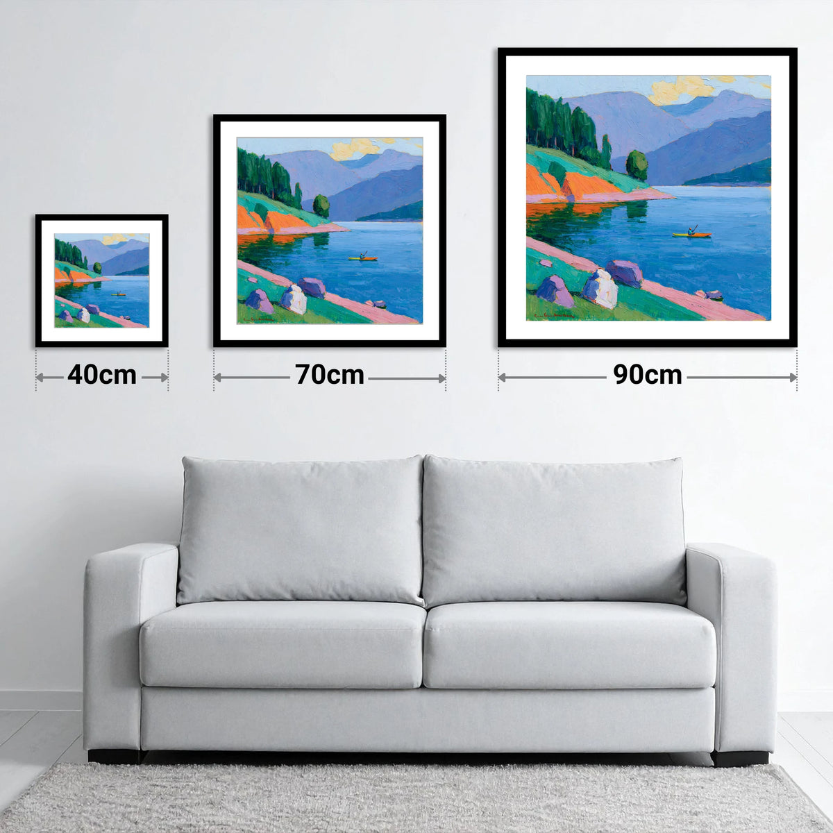 Vivid Kayaker on the Lake - size guide showing 40cm, 70cm and 90cm art prints