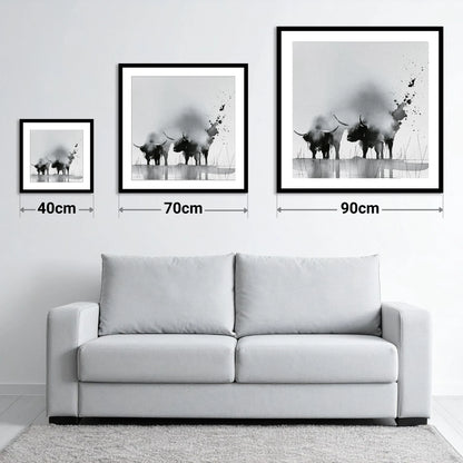 Abstract Monochrome Highland Cattle - size guide showing 40cm, 70cm and 90cm art prints