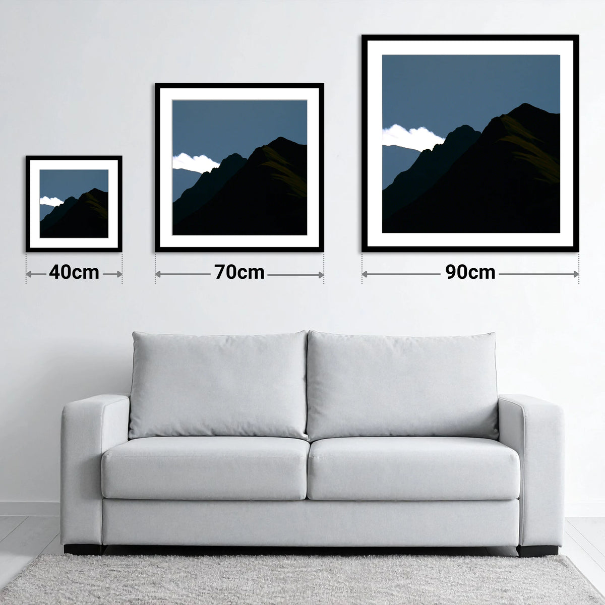 Midnight Blue Fell Ridge - size guide showing 40cm, 70cm and 90cm art prints