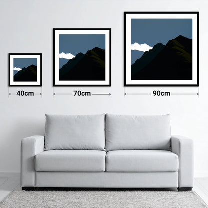 Midnight Blue Fell Ridge - size guide showing 40cm, 70cm and 90cm art prints
