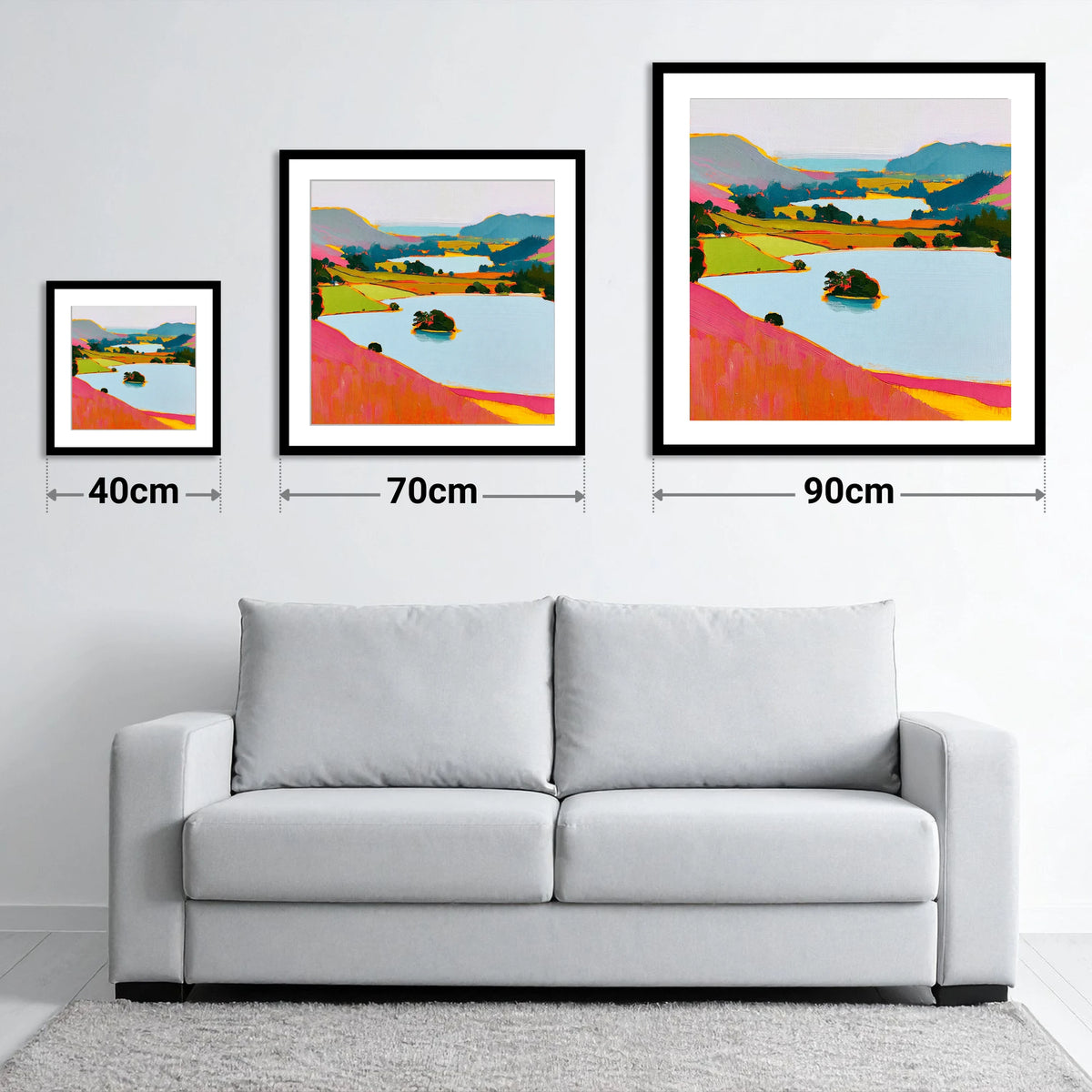 Vibrant Grasmere From the Fells - size guide showing 40cm, 70cm and 90cm art prints