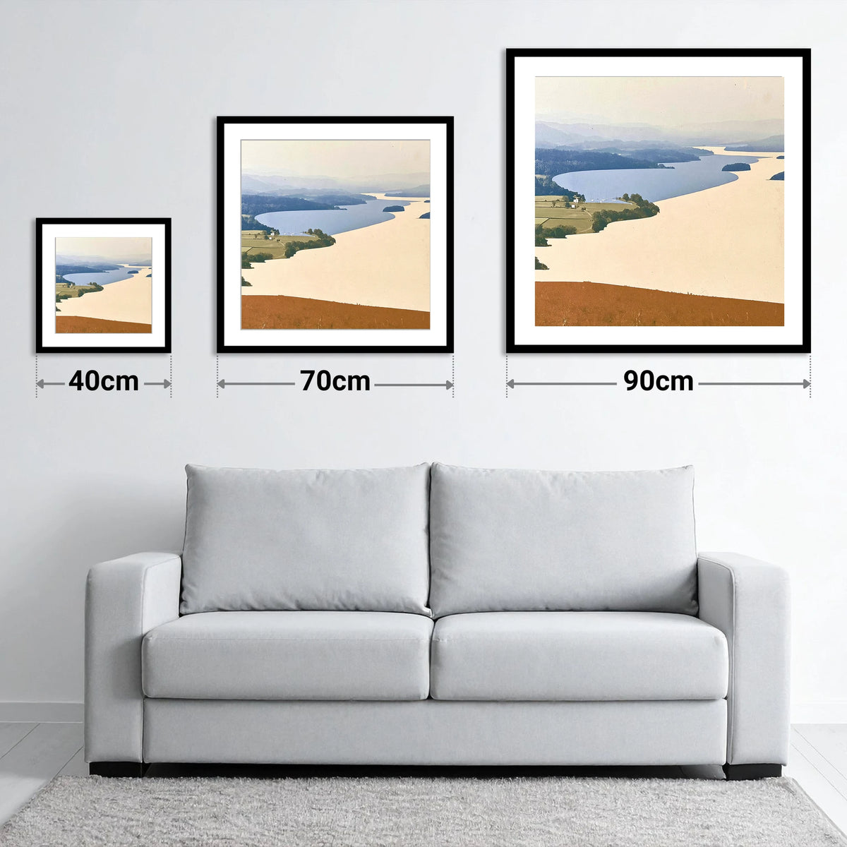 Slate Blue Windermere from Above - size guide showing 40cm, 70cm and 90cm art prints