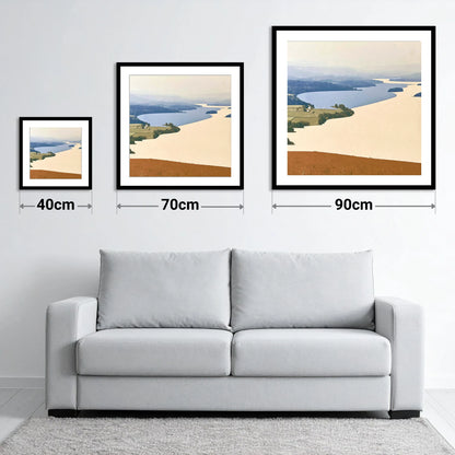 Slate Blue Windermere from Above - size guide showing 40cm, 70cm and 90cm art prints