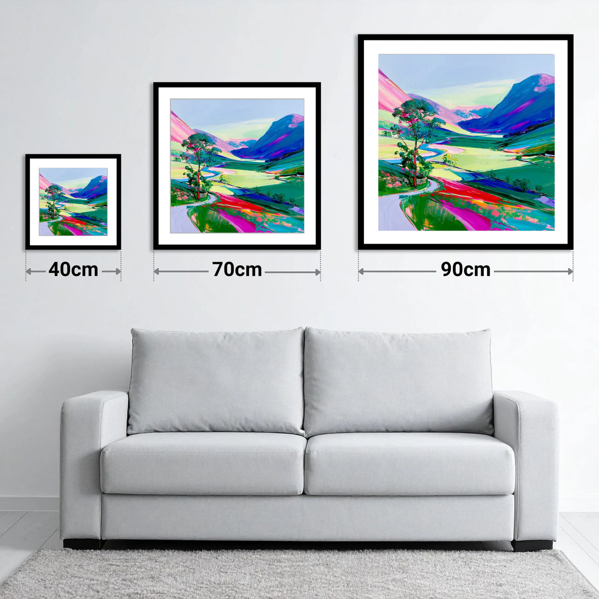 Vibrant Valley Road Beneath Pink Fells - size guide showing 40cm, 70cm and 90cm art prints