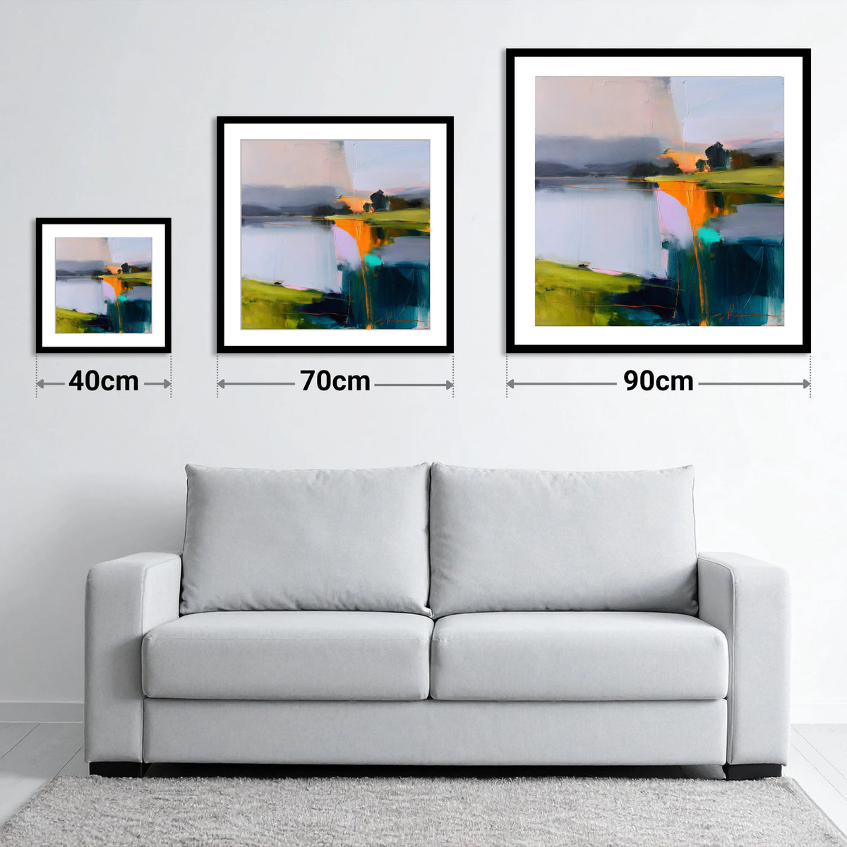 Vibrant Dawn on Still Lake - size guide showing 40cm, 70cm and 90cm art prints