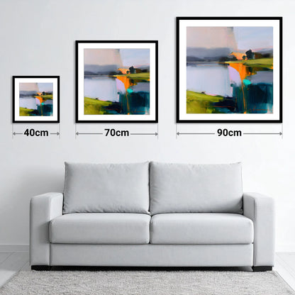 Vibrant Dawn on Still Lake - size guide showing 40cm, 70cm and 90cm art prints
