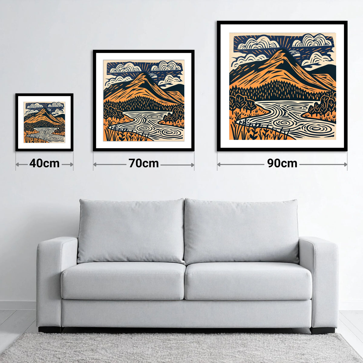 Catbells in Terracotta and Navy - size guide showing 40cm, 70cm and 90cm art prints