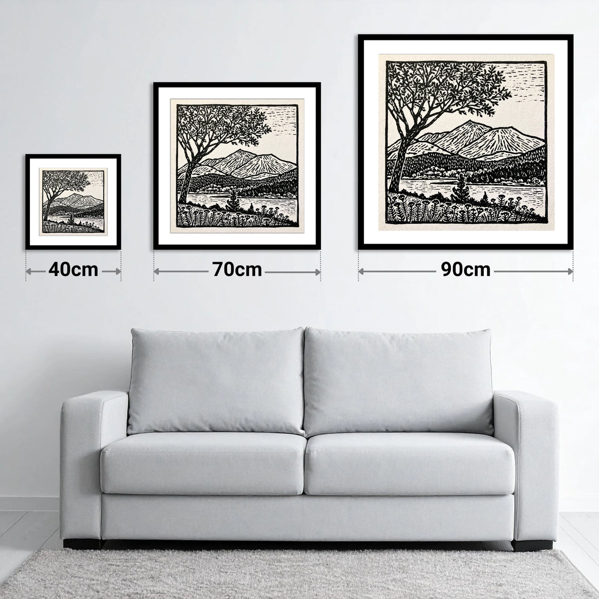 Monochrome Skiddaw and Lake - size guide showing 40cm, 70cm and 90cm art prints