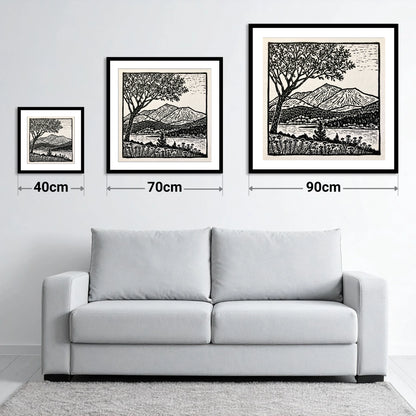 Monochrome Skiddaw and Lake - size guide showing 40cm, 70cm and 90cm art prints