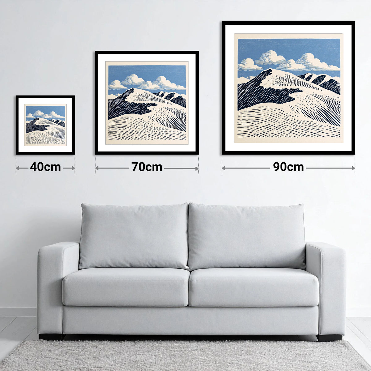 Graphic Helvellyn Ridge in Navy - size guide showing 40cm, 70cm and 90cm art prints