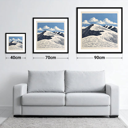 Graphic Helvellyn Ridge in Navy - size guide showing 40cm, 70cm and 90cm art prints