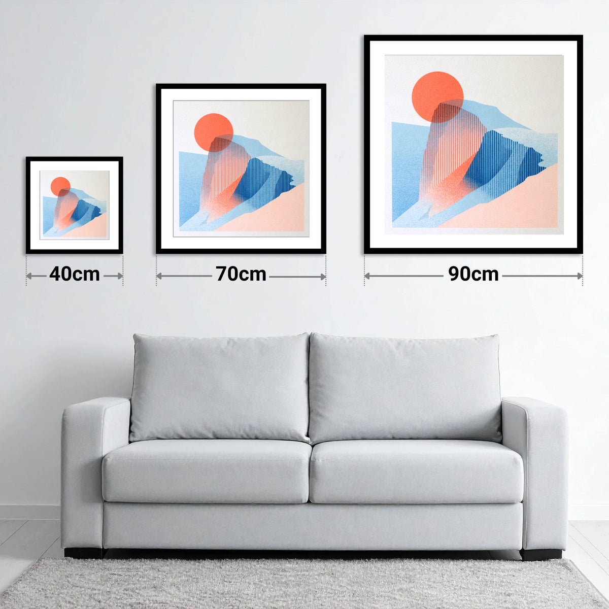 Great Gable in Coral and Blue - size guide showing 40cm, 70cm and 90cm art prints