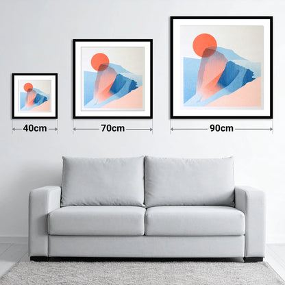 Great Gable in Coral and Blue - size guide showing 40cm, 70cm and 90cm art prints