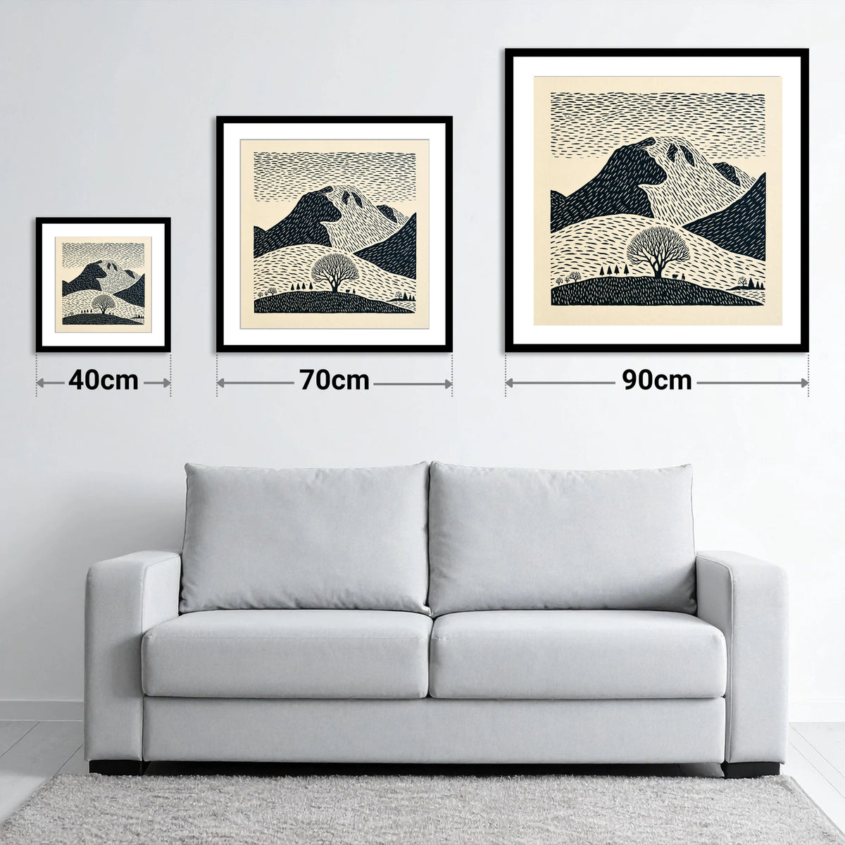 Bold Great Gable Landscape - size guide showing 40cm, 70cm and 90cm art prints