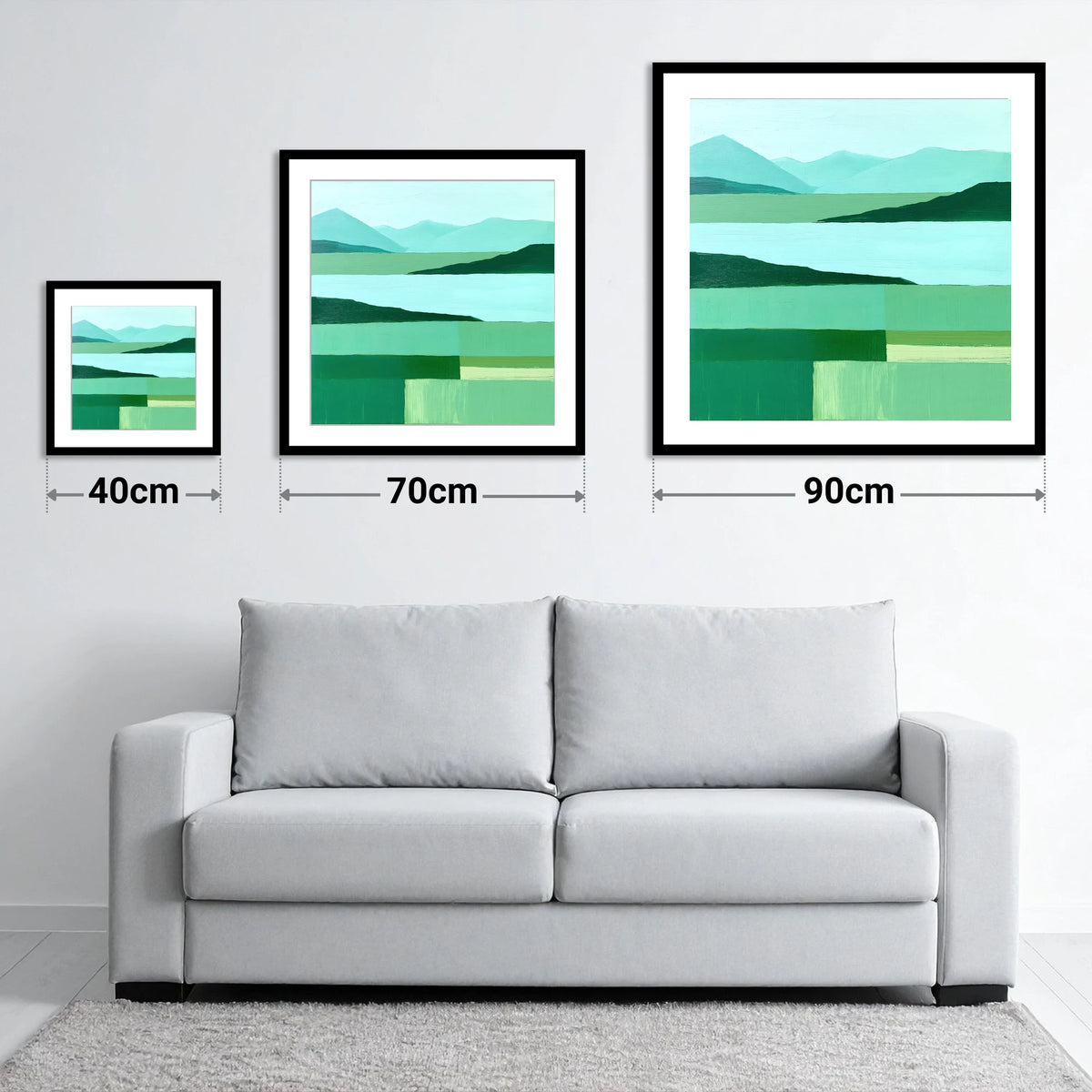 Coniston Water in Abstract Green - size guide showing 40cm, 70cm and 90cm art prints