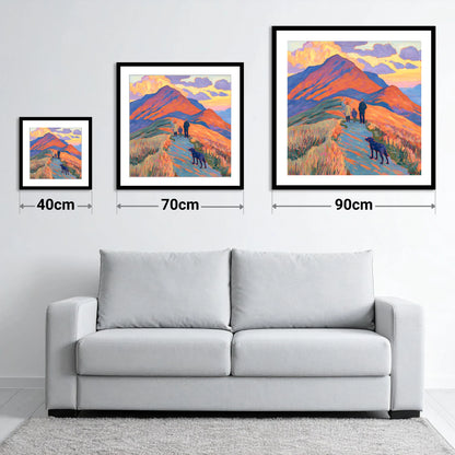Colourful Cat Bells Dog Walk - size guide showing 40cm, 70cm and 90cm art prints