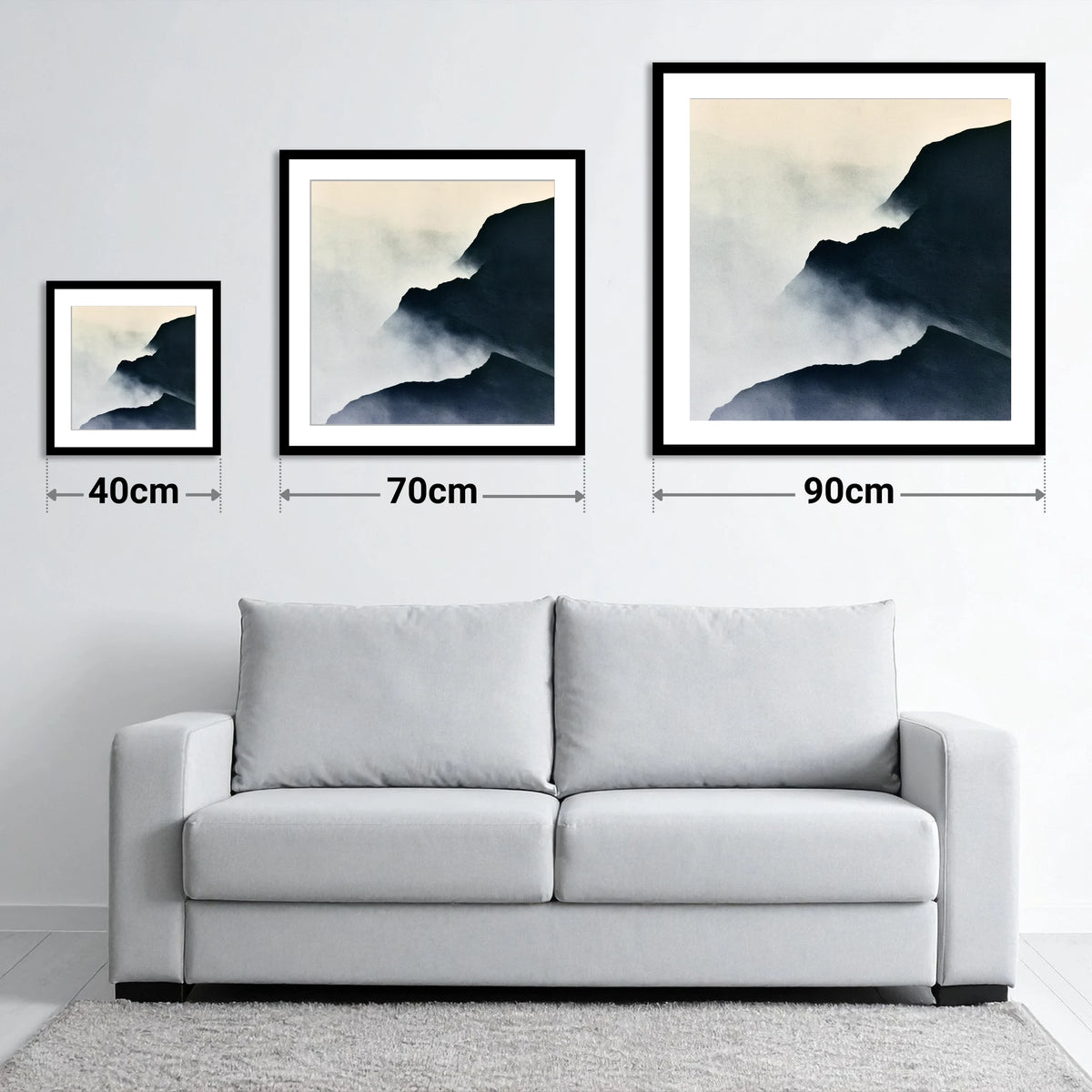 Misty Indigo Mountain Ridge - size guide showing 40cm, 70cm and 90cm art prints