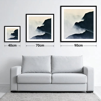 Misty Indigo Mountain Ridge - size guide showing 40cm, 70cm and 90cm art prints