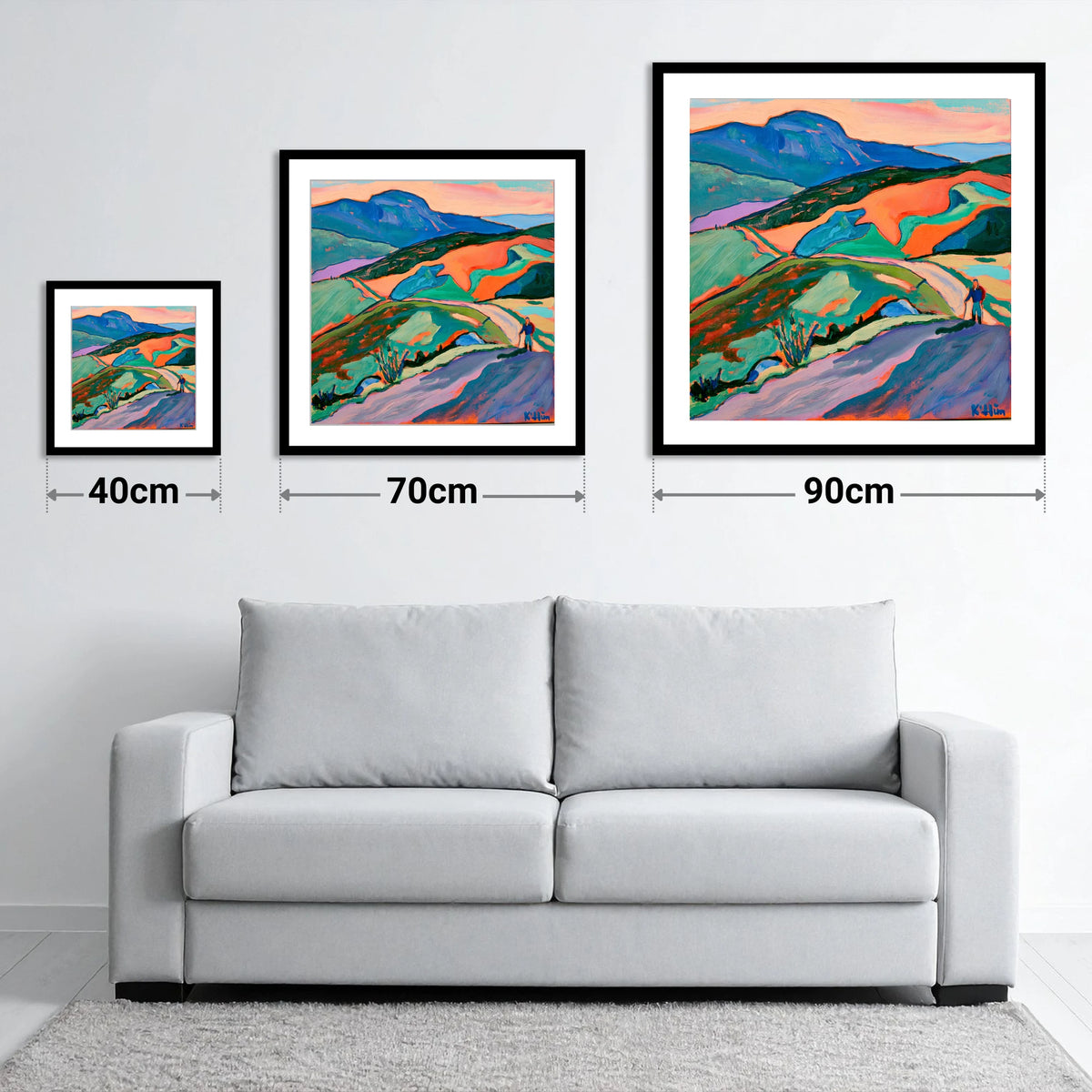 Lone Hiker on Colourful Fells - size guide showing 40cm, 70cm and 90cm art prints