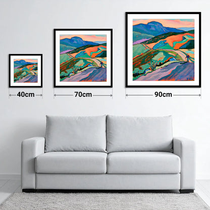 Lone Hiker on Colourful Fells - size guide showing 40cm, 70cm and 90cm art prints