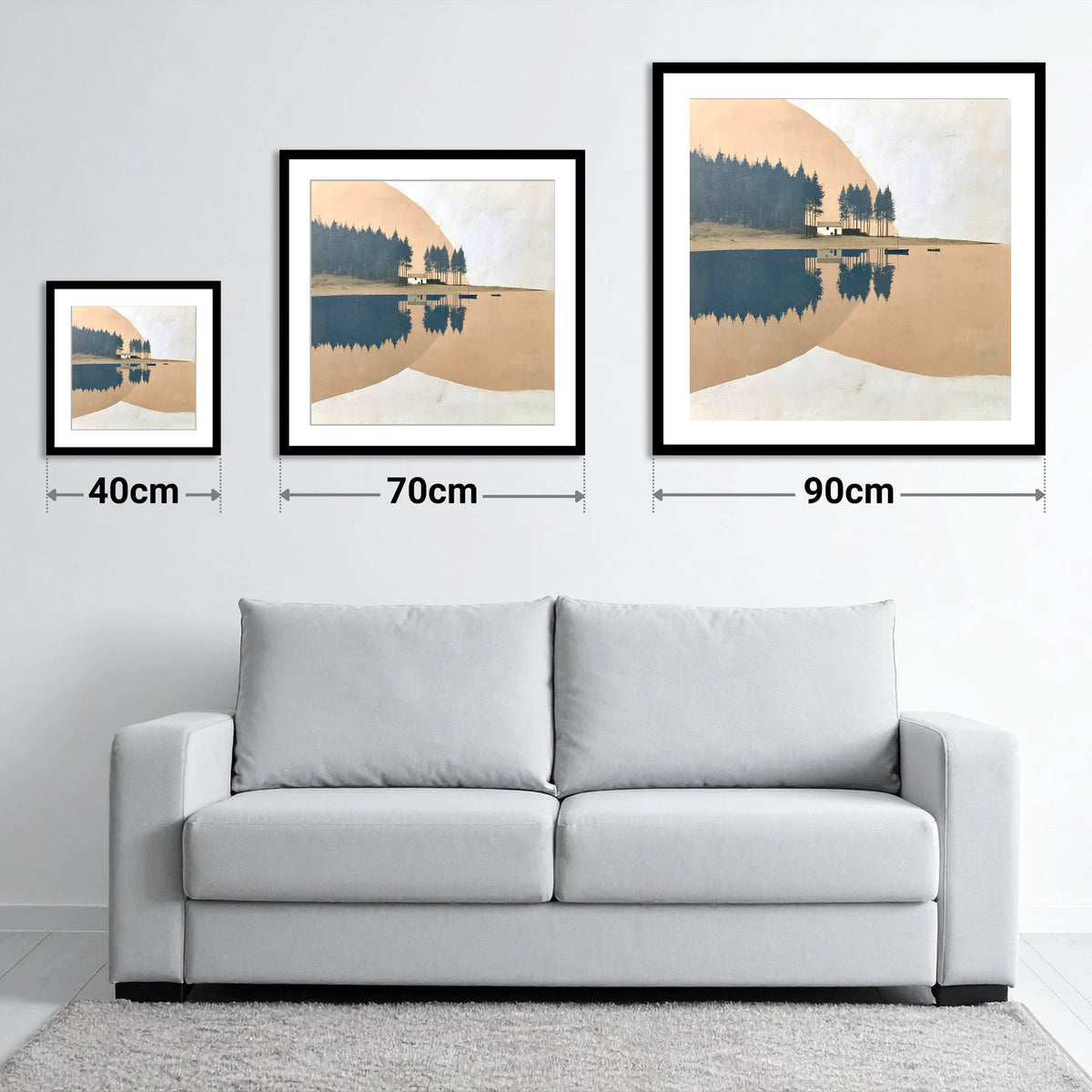 Slate Blue Lake Reflections - size guide showing 40cm, 70cm and 90cm art prints