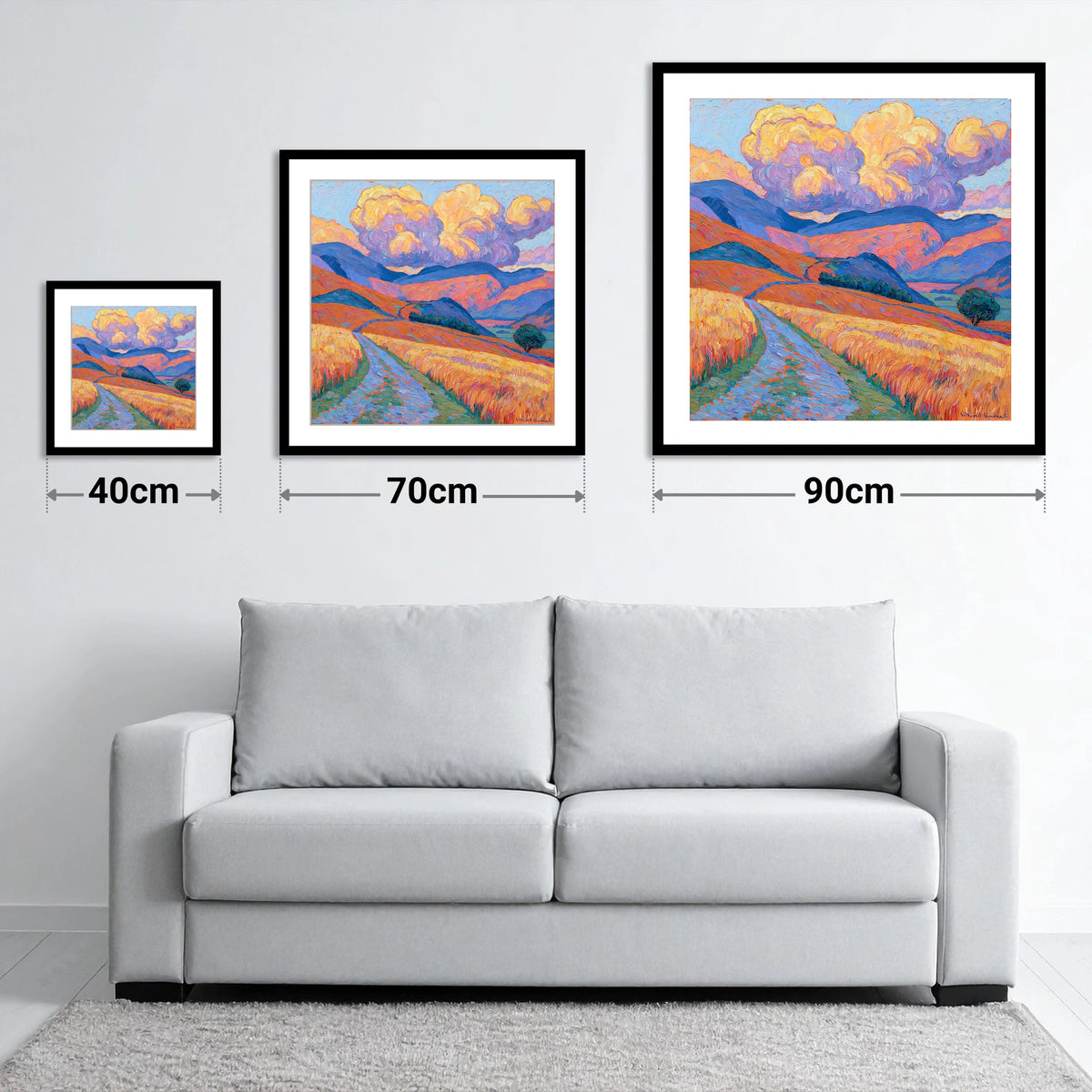 Golden Fells Under Storm Clouds - size guide showing 40cm, 70cm and 90cm art prints
