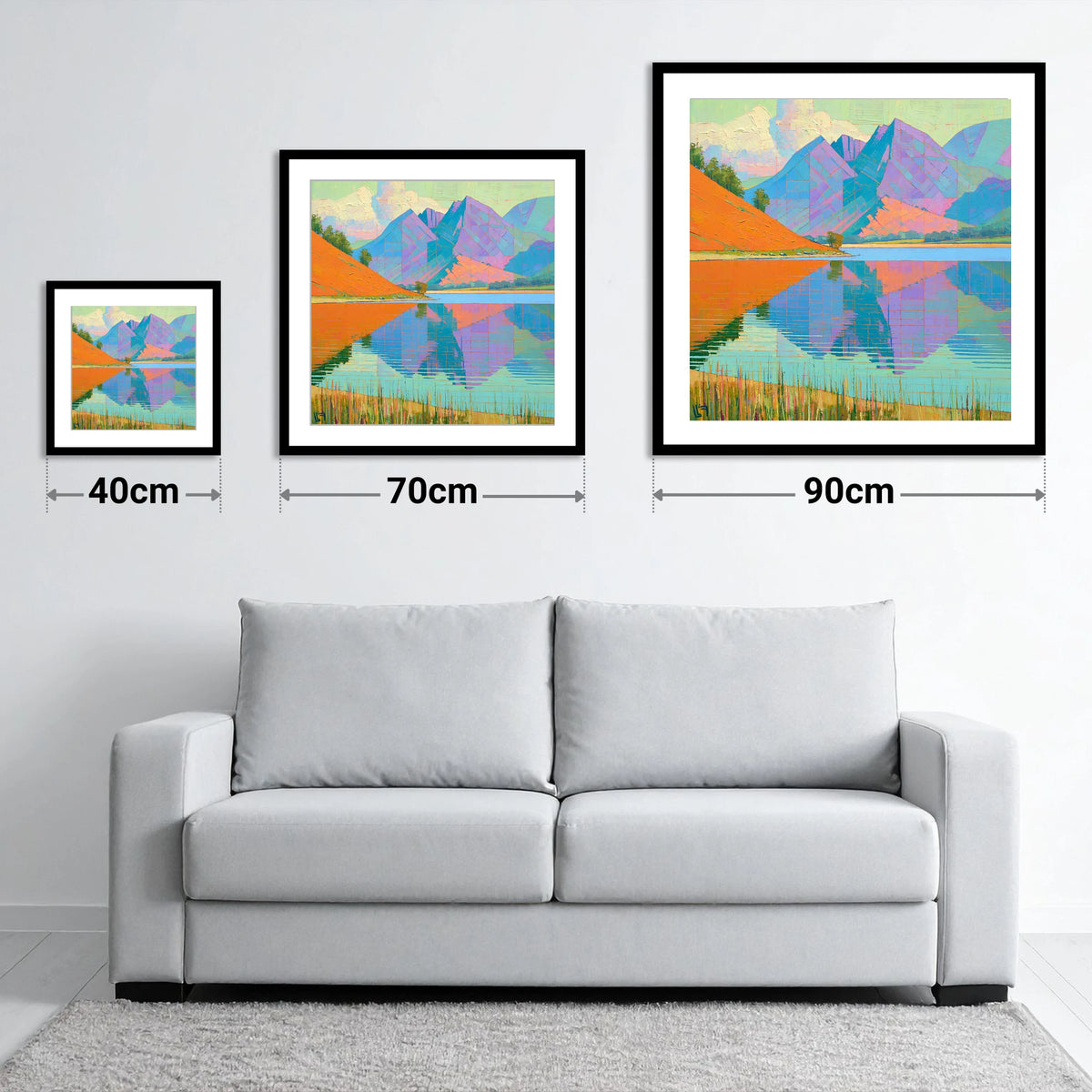 Vivid Loweswater Lake Reflection - size guide showing 40cm, 70cm and 90cm art prints