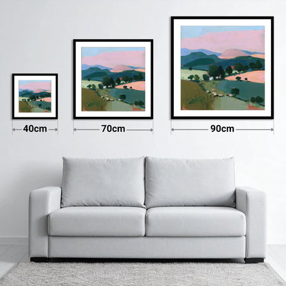 Pink Evening Light on Lakeland Fells - size guide showing 40cm, 70cm and 90cm art prints