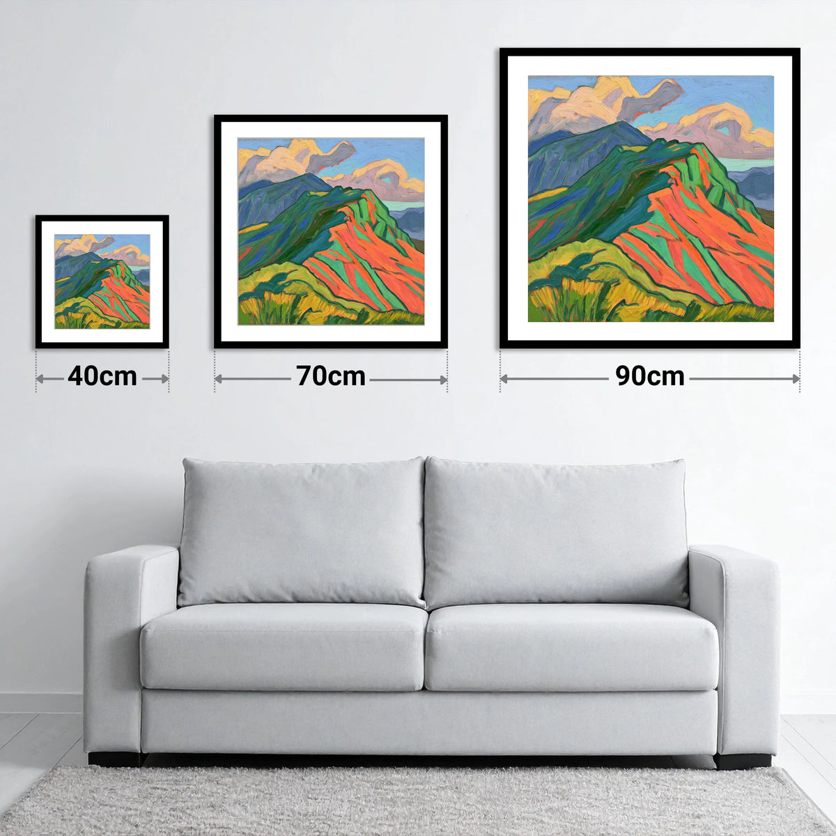 Vibrant Mountain Ridge - size guide showing 40cm, 70cm and 90cm art prints