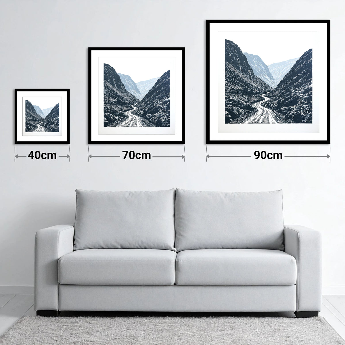 Honister Pass in Bold Navy - size guide showing 40cm, 70cm and 90cm art prints