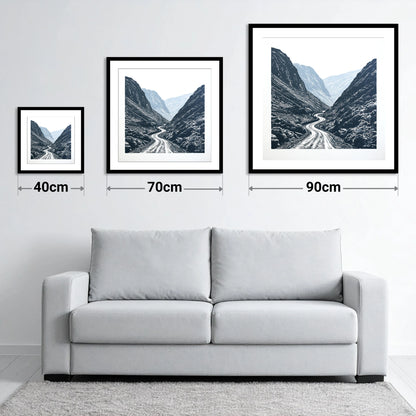 Honister Pass in Bold Navy - size guide showing 40cm, 70cm and 90cm art prints