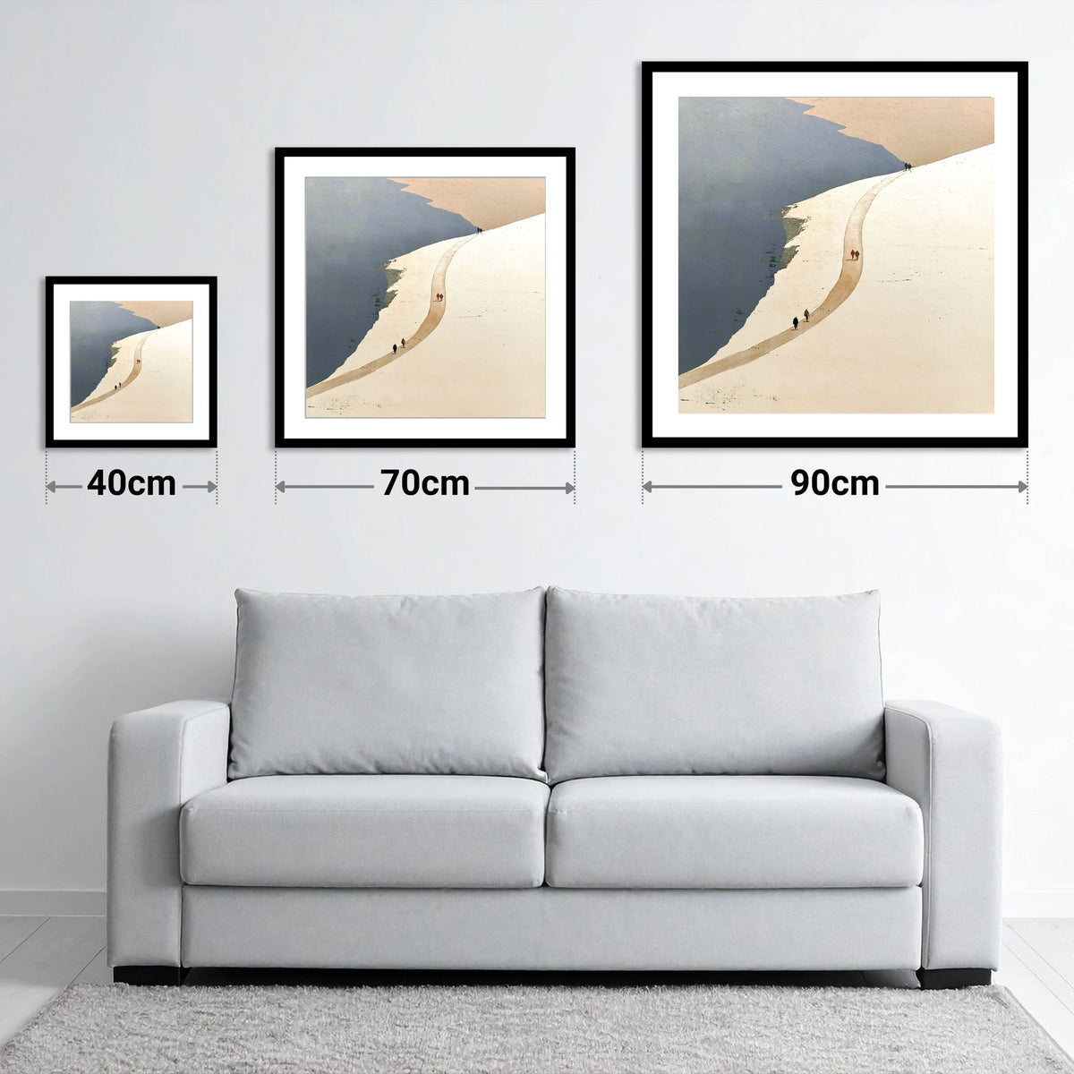 Fell Walkers on the High Ridge Path - size guide showing 40cm, 70cm and 90cm art prints