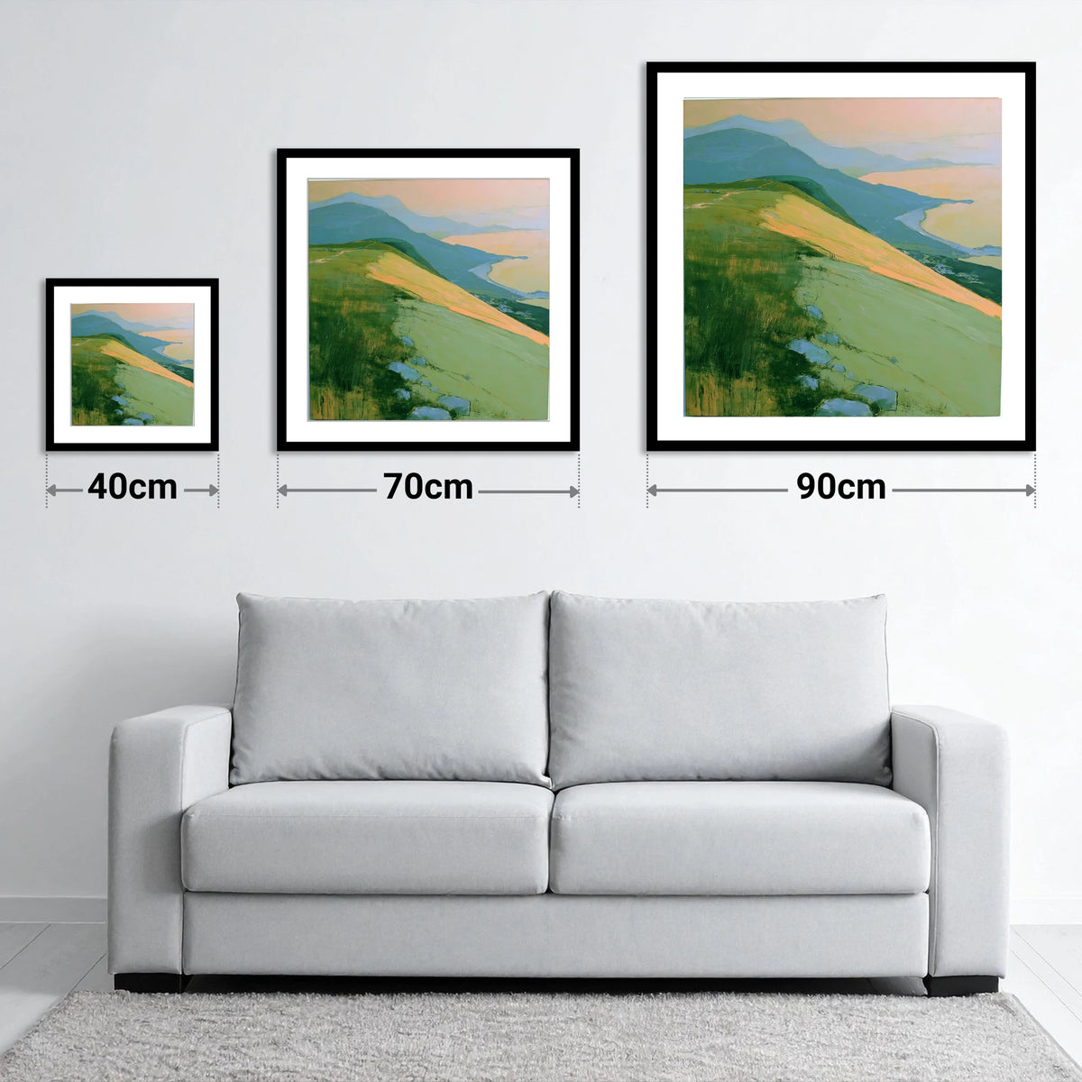 Fell Summit in Golden Light - size guide showing 40cm, 70cm and 90cm art prints