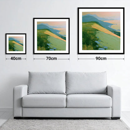 Fell Summit in Golden Light - size guide showing 40cm, 70cm and 90cm art prints