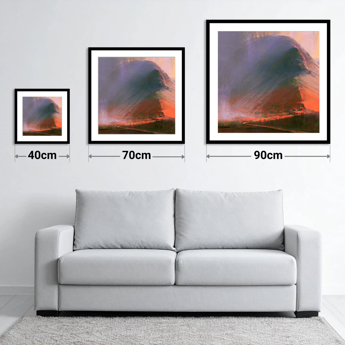 Great Gable In Russet And Indigo - size guide showing 40cm, 70cm and 90cm art prints