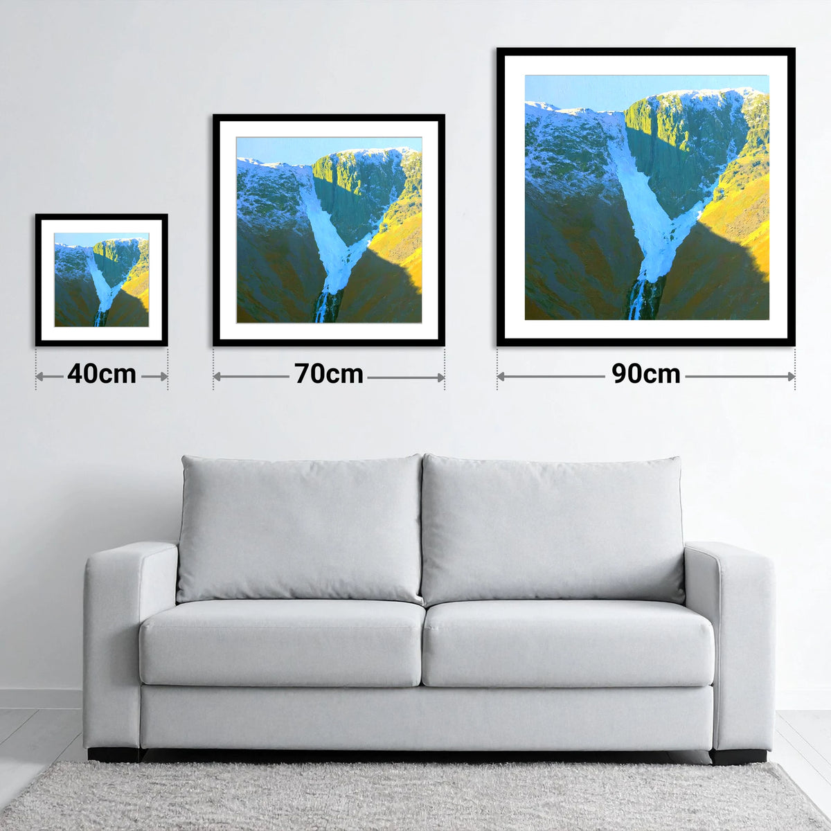Snowy Crags of Nethermost Pike - size guide showing 40cm, 70cm and 90cm art prints