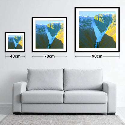 Snowy Crags of Nethermost Pike - size guide showing 40cm, 70cm and 90cm art prints