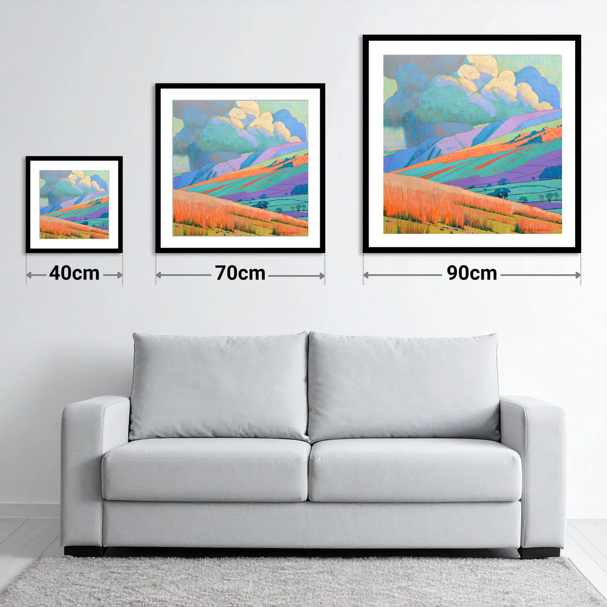 Storm Clouds Over Vivid Fells - size guide showing 40cm, 70cm and 90cm art prints