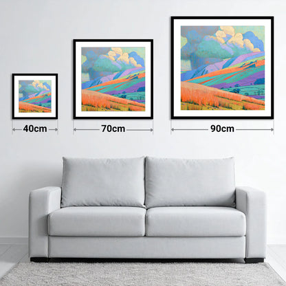 Storm Clouds Over Vivid Fells - size guide showing 40cm, 70cm and 90cm art prints