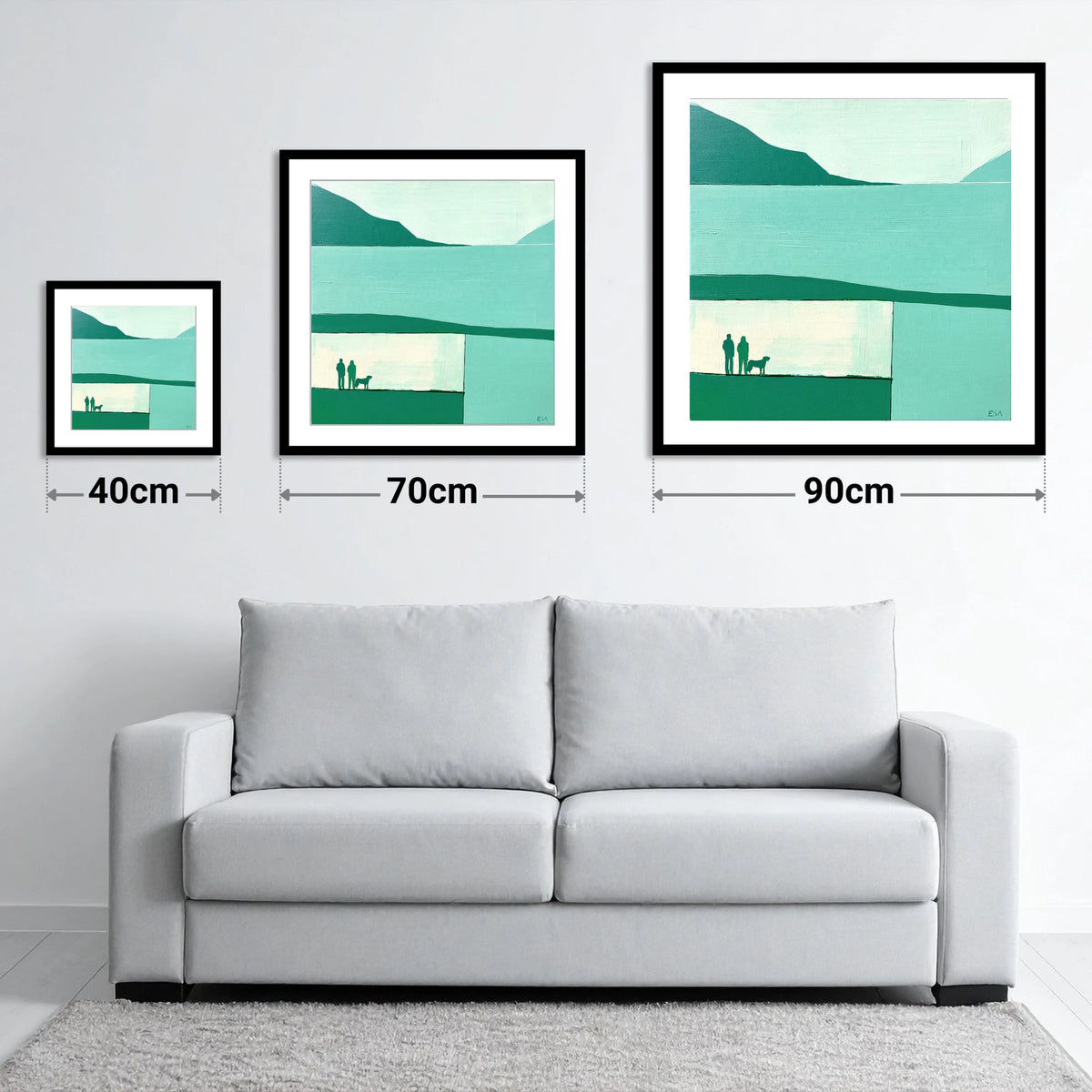 Glenridding Dog Walkers in Teal - size guide showing 40cm, 70cm and 90cm art prints